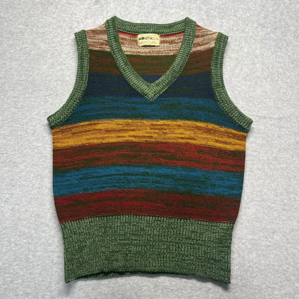 1970s Vintage Women's Small Striped Sweater Montage Vest Multicolor Knit V Neck